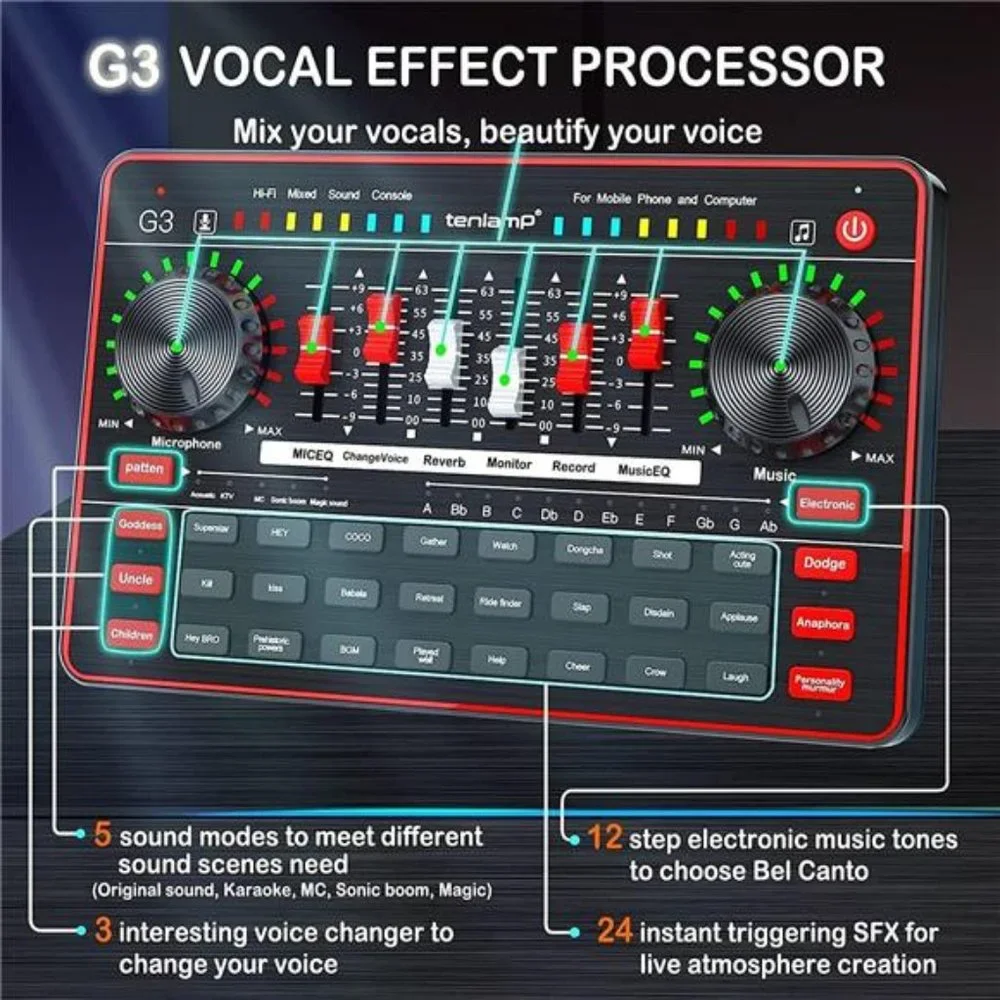 Podcast Microphone Live Sound Card Kit, Studio Condenser Mic with Sound Board